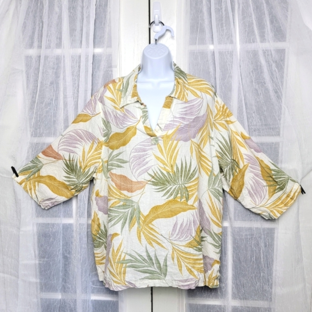 Tahari 100% Linen Tunic Top Womens 3X Hawaiian Tropical Palm Leaf Resort Beach